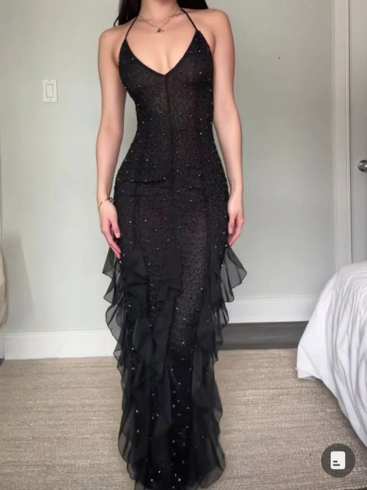Hermoso vestido de noche largo estilo sirena con volantes y brillo, estilo halter rojo, de Weitese, para graduación.